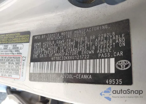 2006 Toyota Camry Le из США, поврежденный, VIN 4T1BE32K66U121722